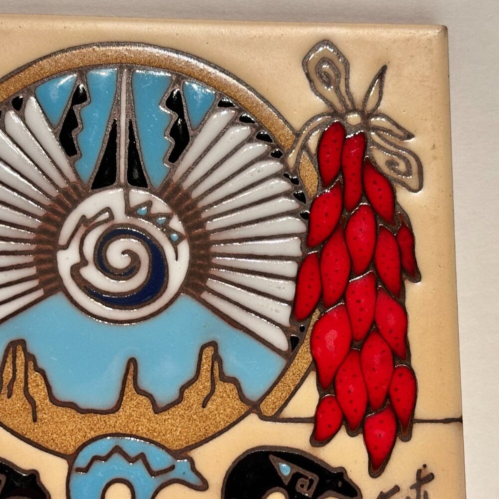 Hand Glazed Earthtones Southwestern Kiln Fired Terracotta Tile Trivet Tu-Oti 6" - Picture 4 of 14